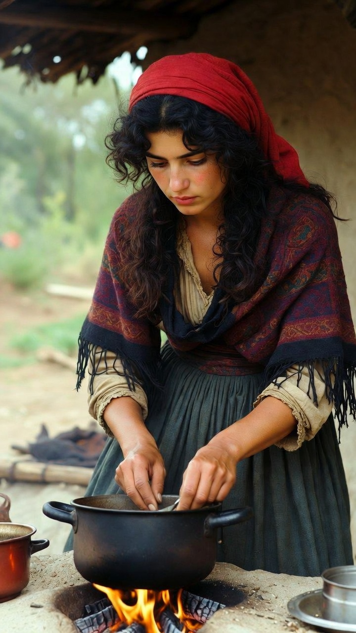 Woman cooking over open fire outdoors
