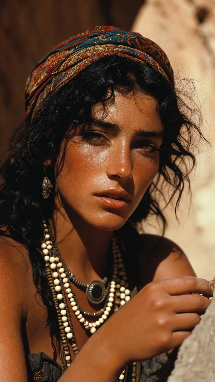 Woman wearing headscarf and layered beaded necklaces