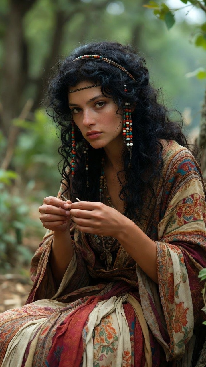 Woman in bohemian attire sitting in forest