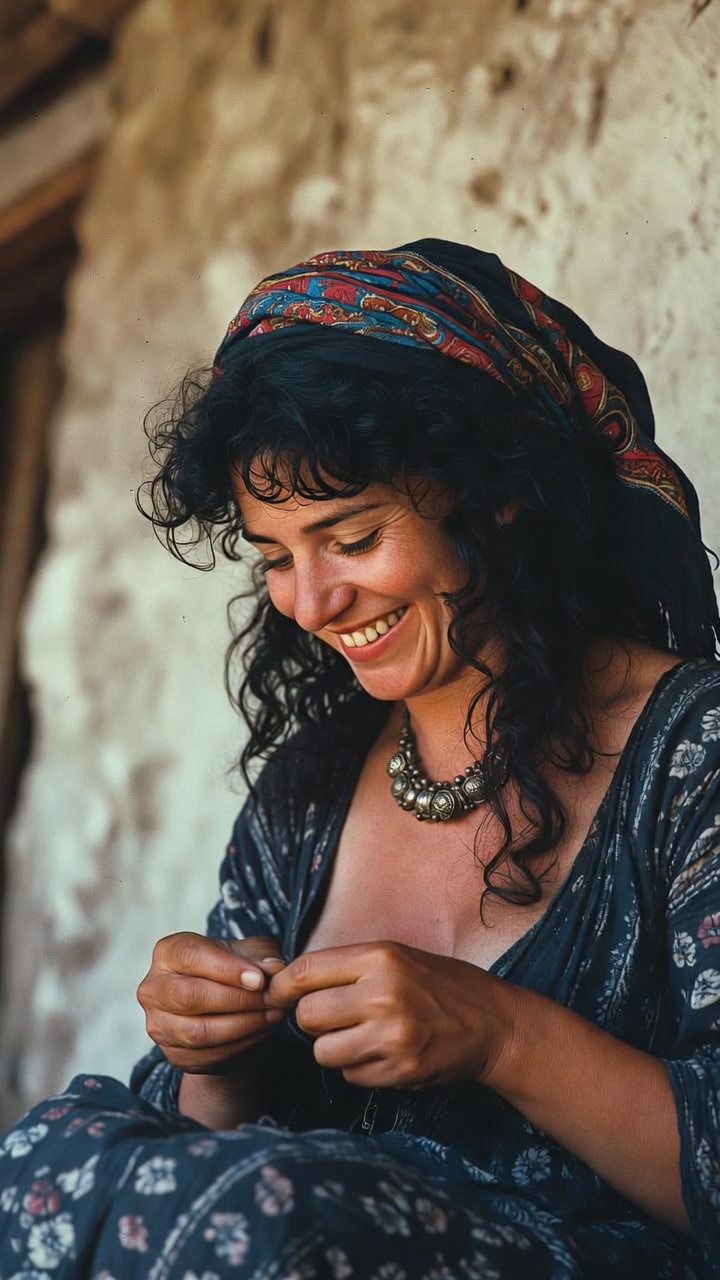 Smiling woman sewing with colorful headscarf outdoors