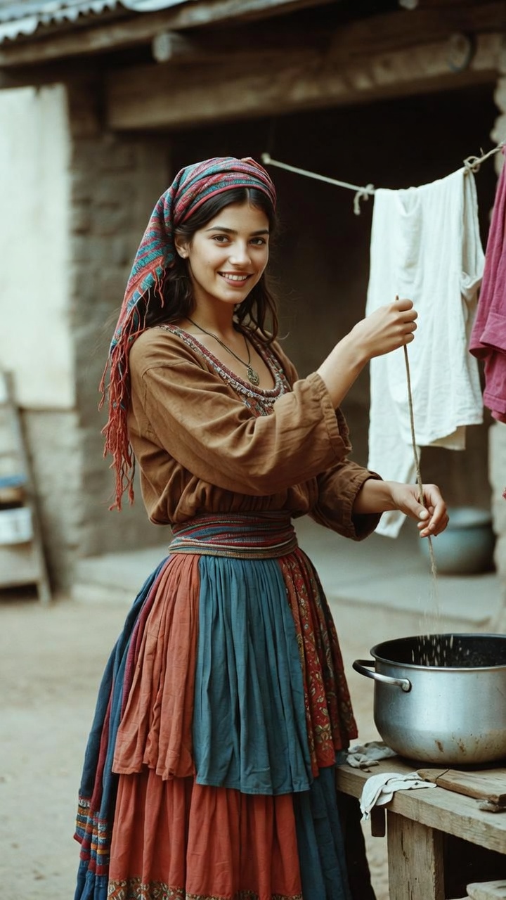 Woman in rustic clothing cooking outdoors