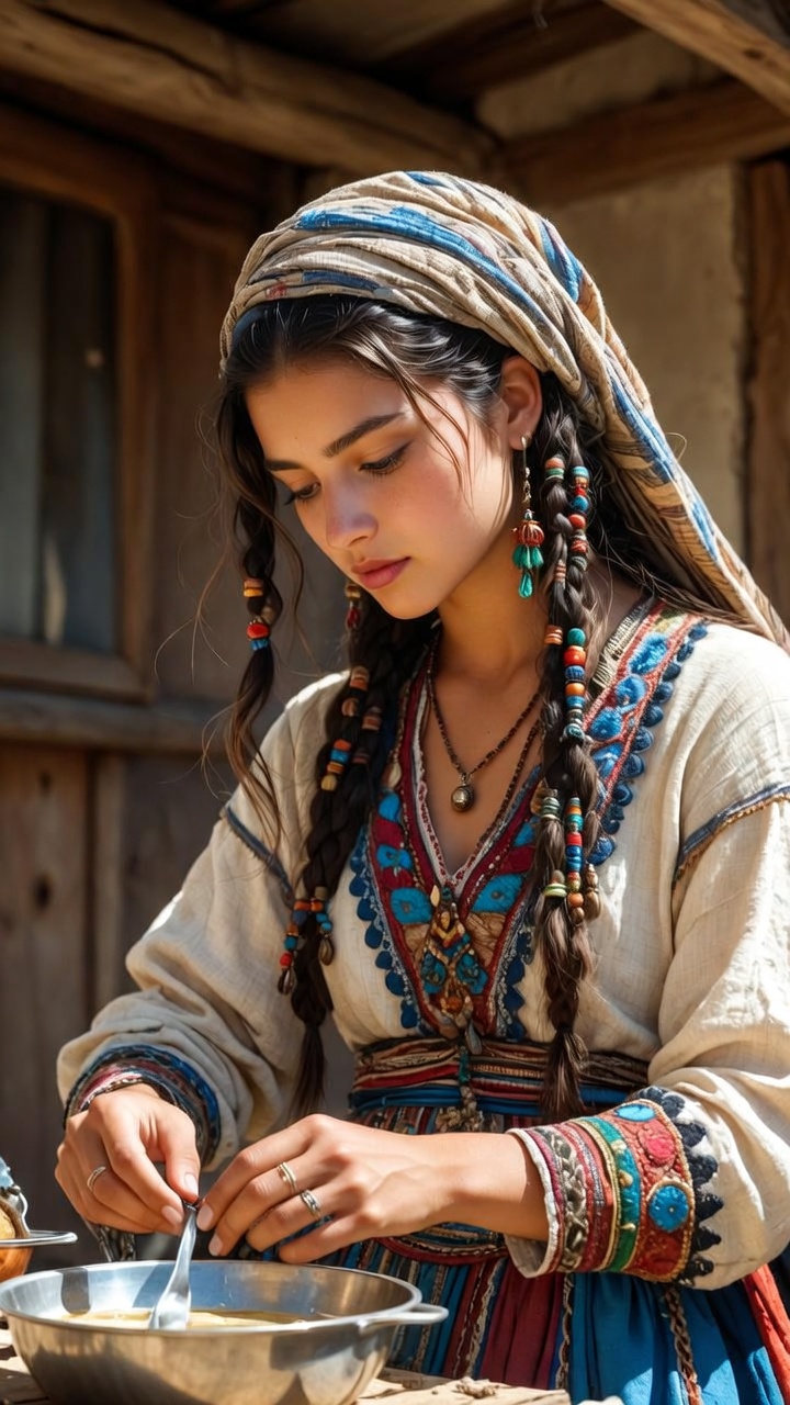 Woman in embroidered dress preparing food outdoors
