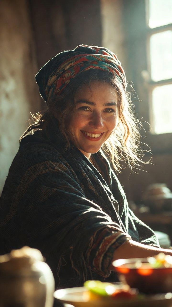 Smiling woman in headscarf by sunlit window