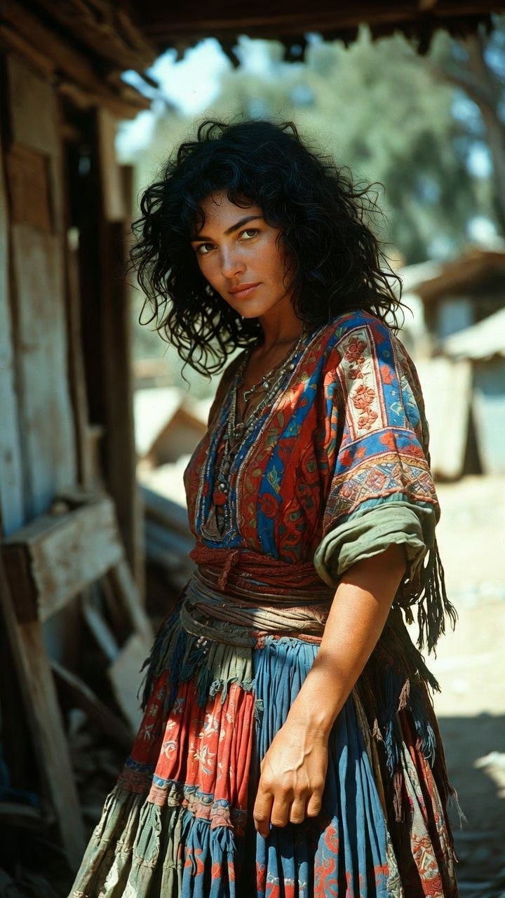 Woman in colorful rustic dress outdoors