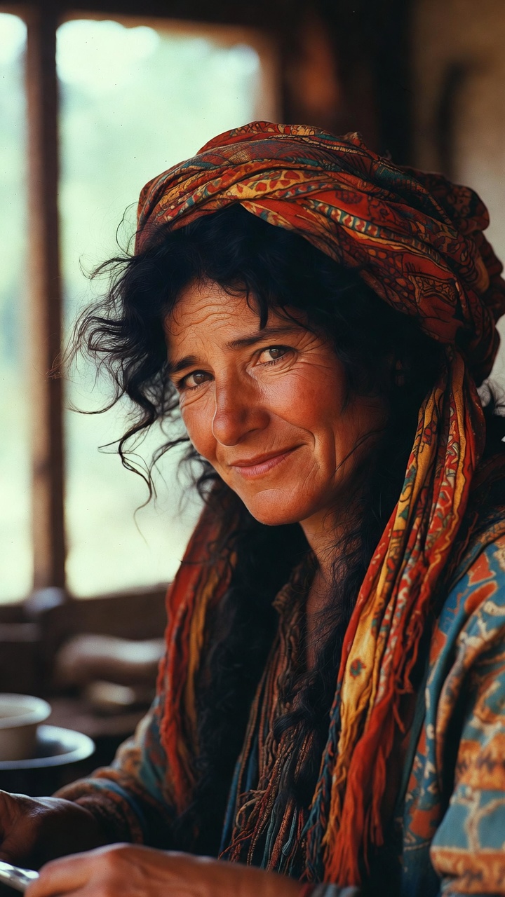 Woman in colorful headscarf by rustic window