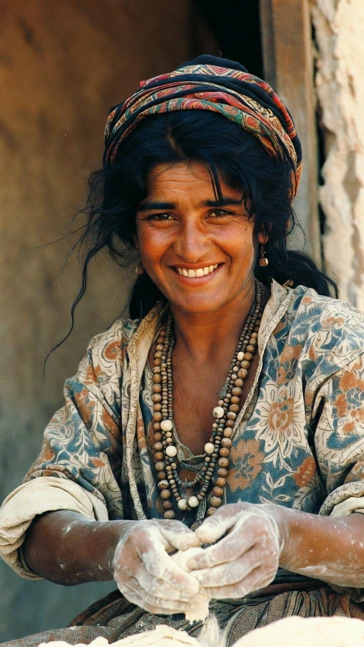 Smiling woman shaping dough with flour-covered hands