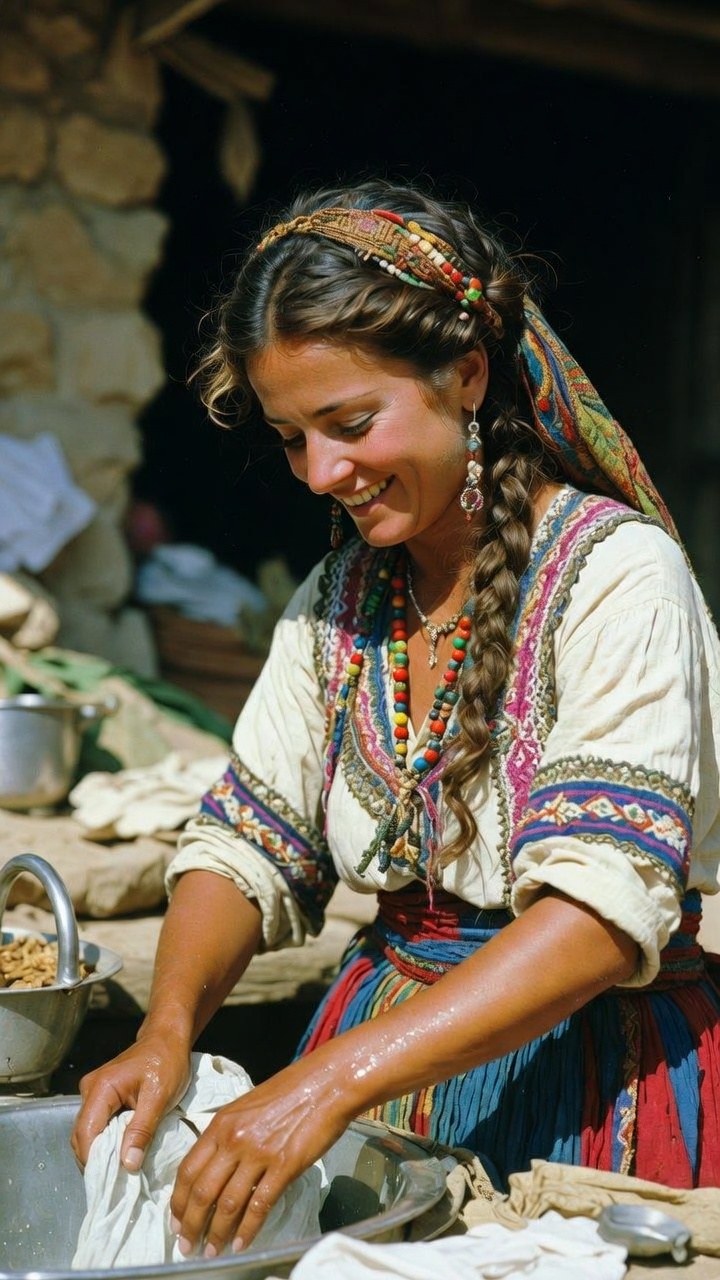 Woman in traditional clothing washing clothes outdoors