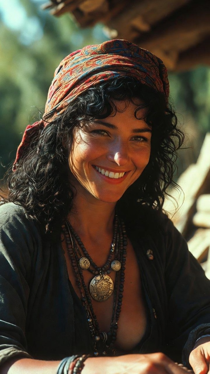 Smiling woman in headscarf with layered necklaces