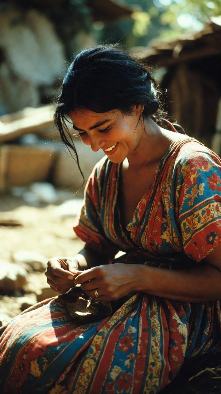 Smiling woman sewing outdoors in rustic setting