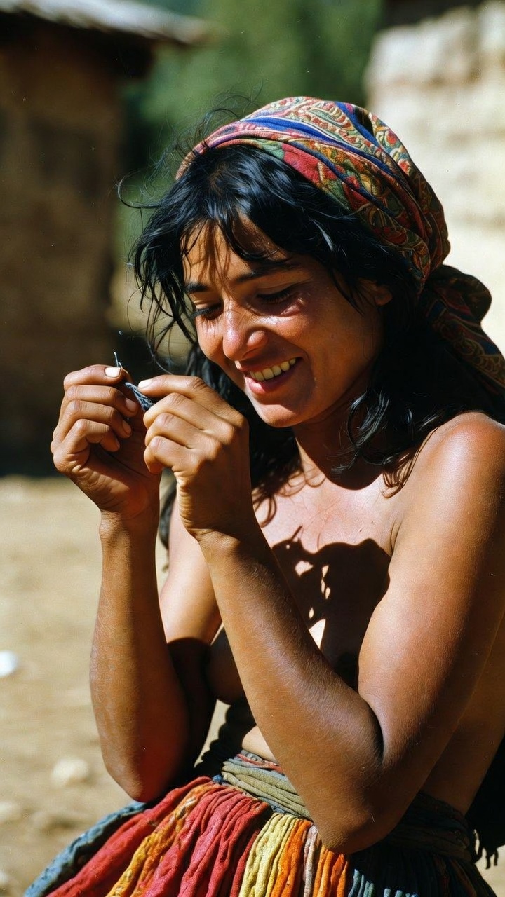Smiling woman with headscarf holding small object outdoors
