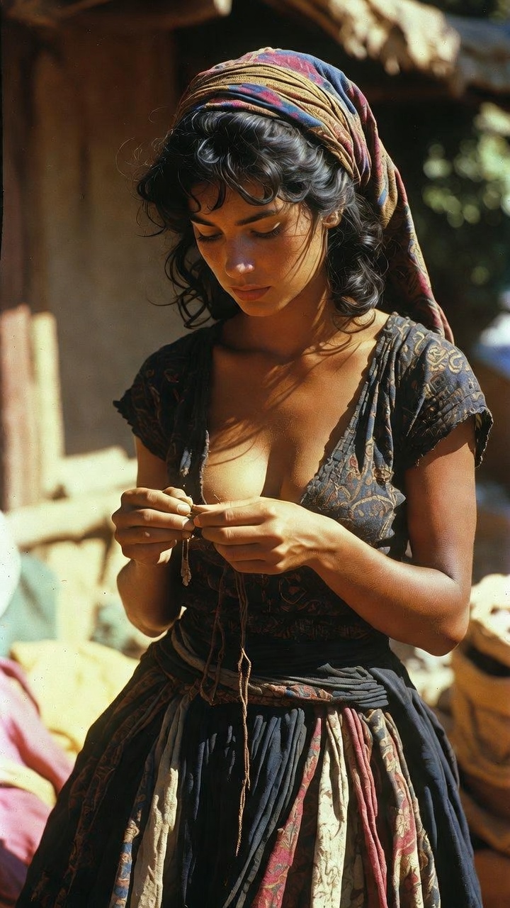 Woman in headscarf threading necklace outdoors