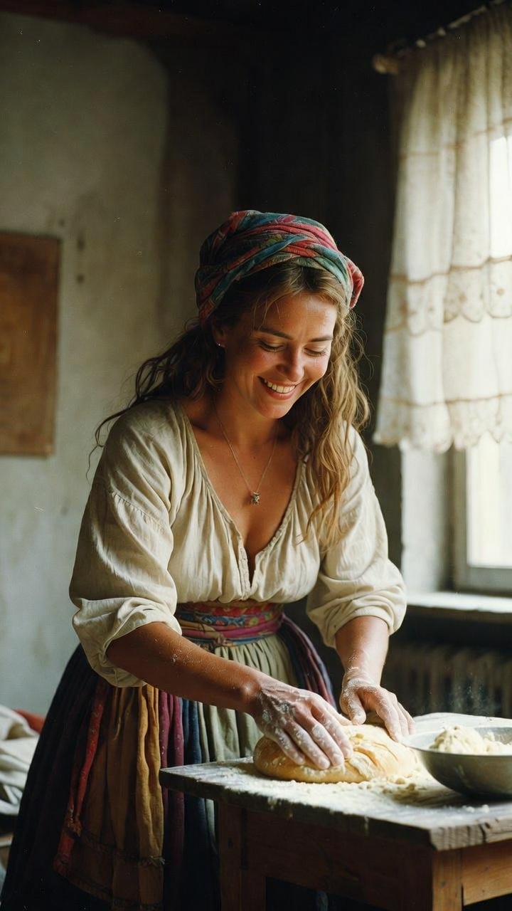 Woman kneading dough in rustic kitchen