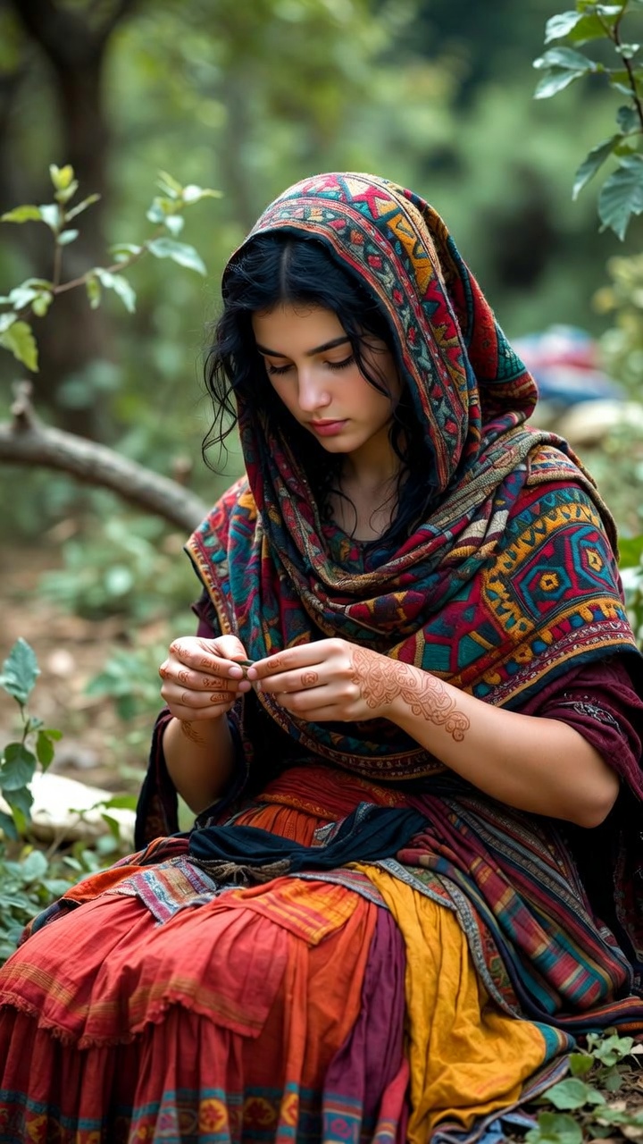 Woman in colorful traditional attire sitting in forest