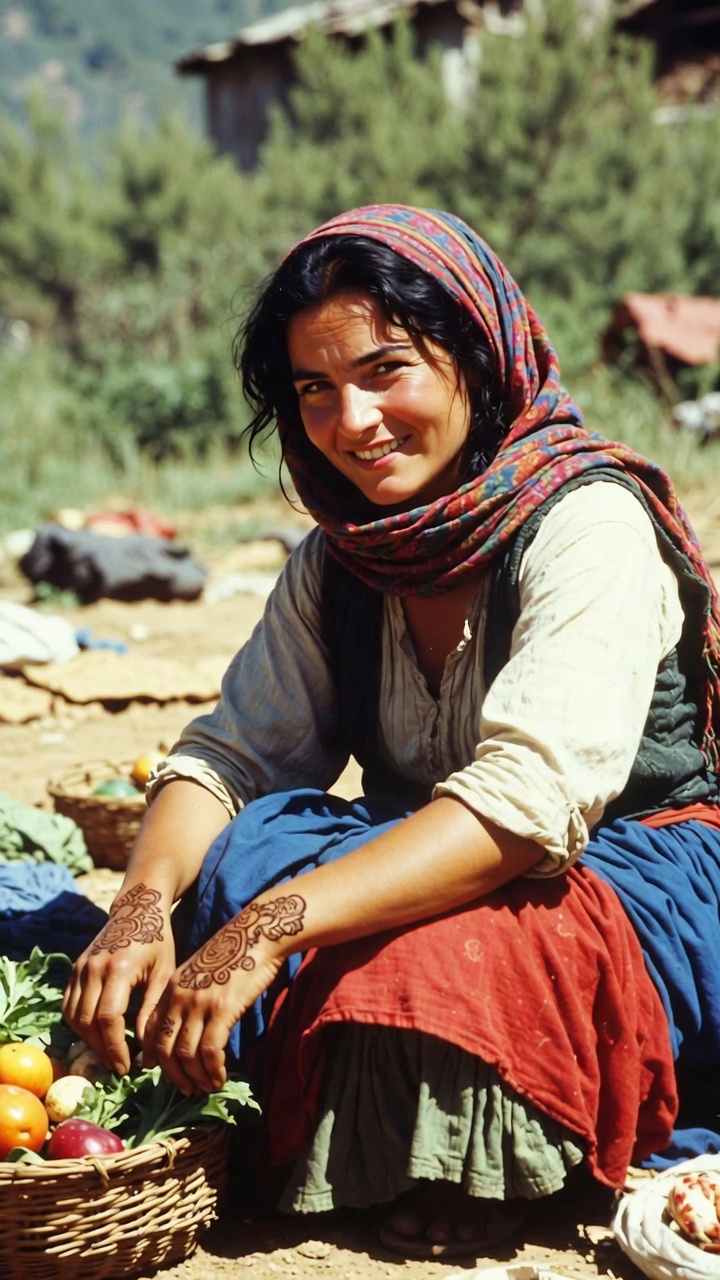 Smiling woman with headscarf holding basket of vegetables