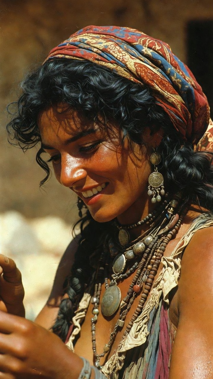 Smiling woman with headscarf and layered necklaces