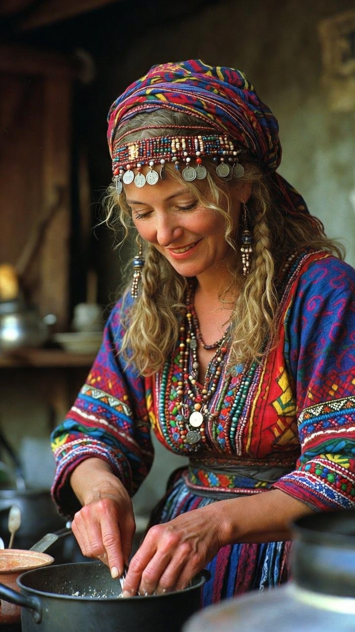 Woman in colorful attire cooking in kitchen