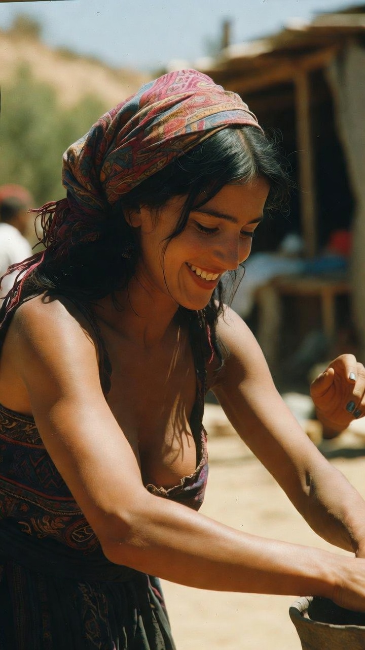 Smiling woman with headscarf cooking outdoors