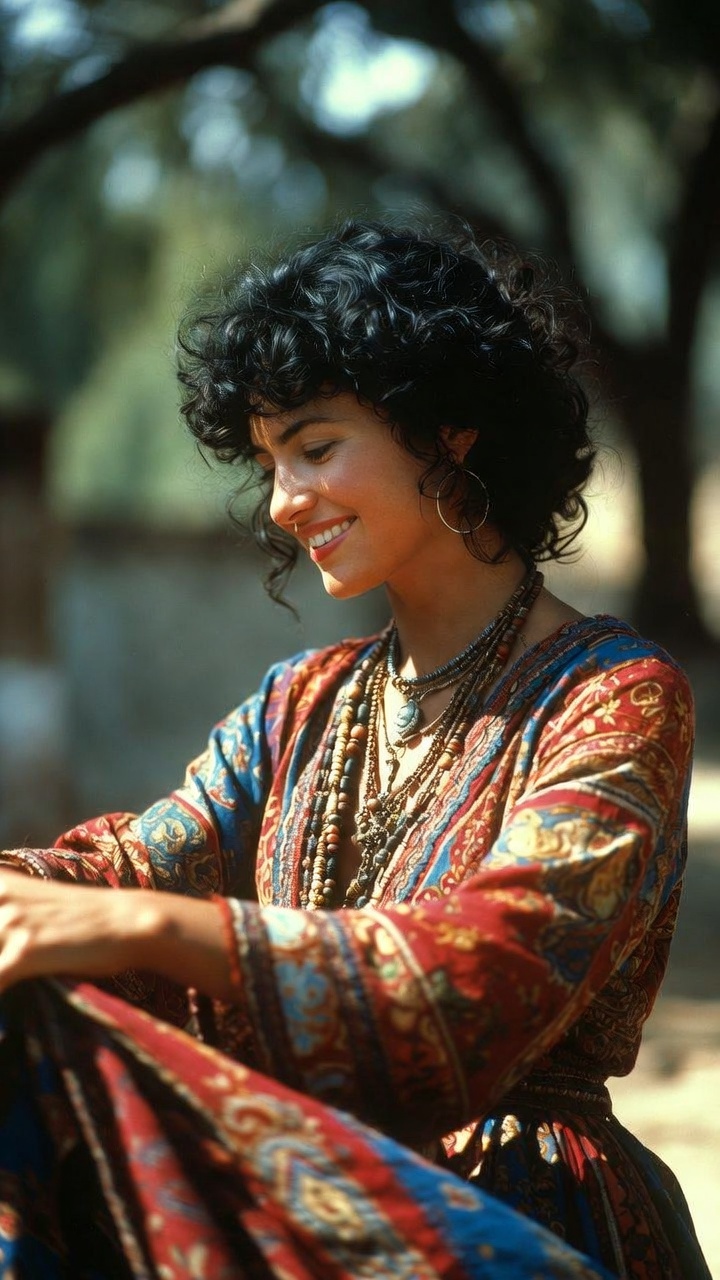 Smiling woman in colorful bohemian dress outdoors