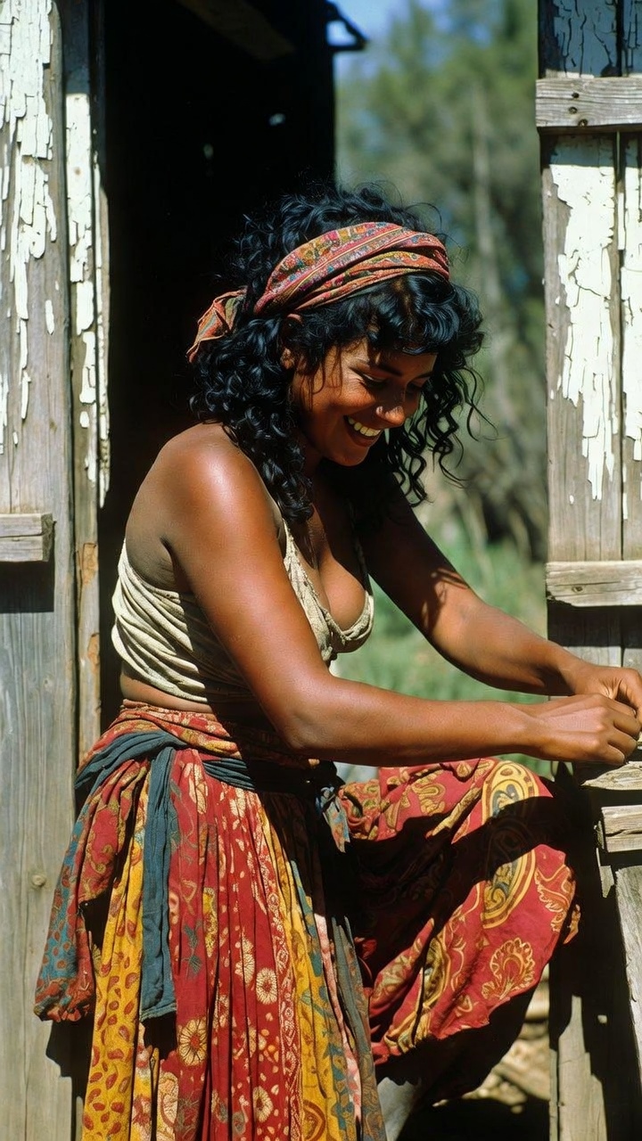Smiling woman in colorful skirt sitting in doorway