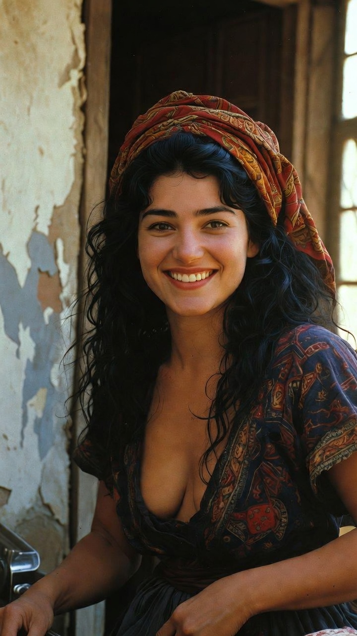 Smiling woman in patterned headscarf by rustic wall