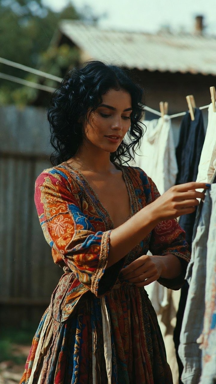 Woman hanging laundry on outdoor clothesline