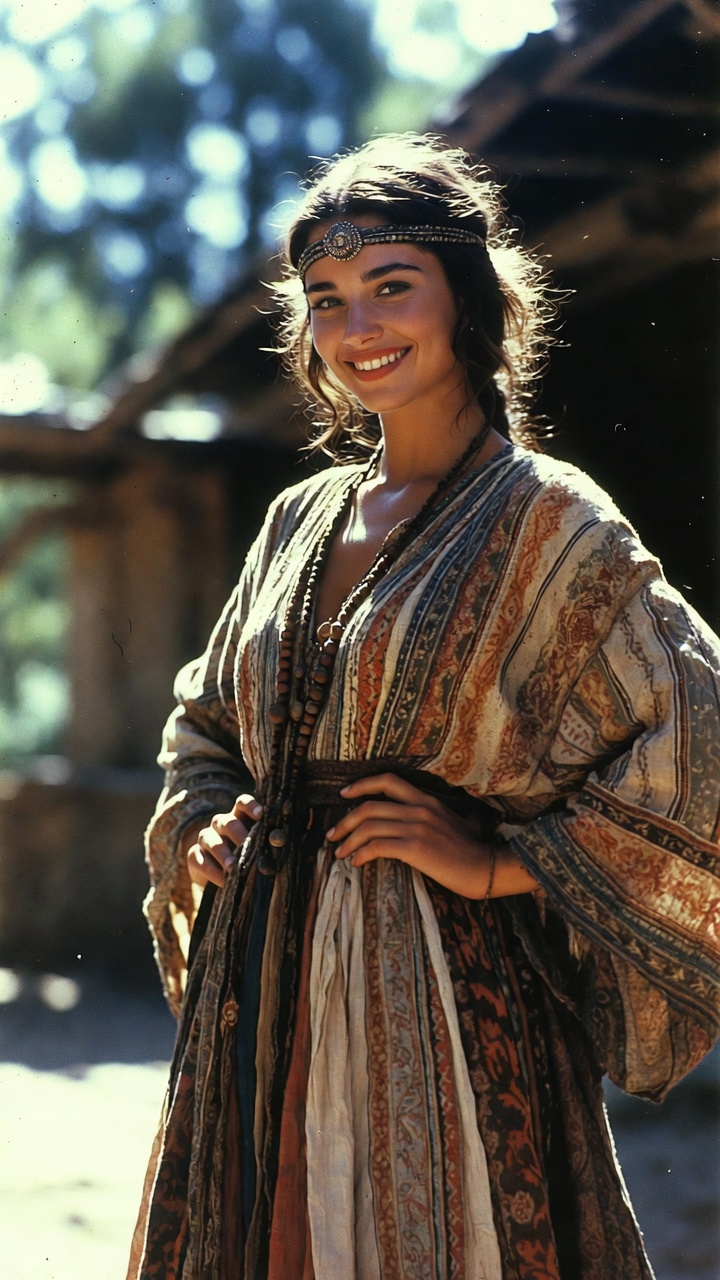 Smiling woman in bohemian dress outdoors