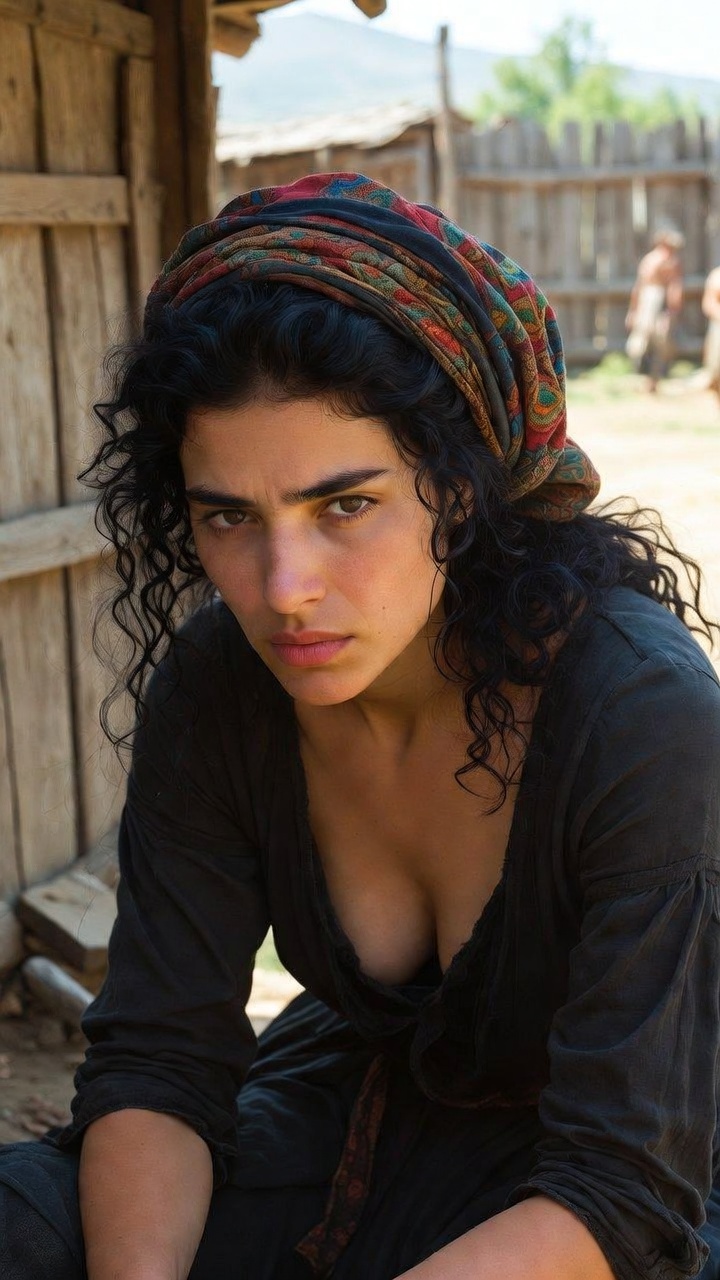 Woman with headscarf sitting outdoors near wooden building