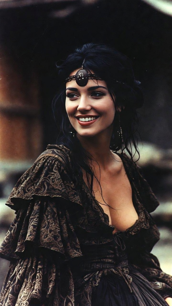 Smiling woman in ornate medieval-style dress outdoors