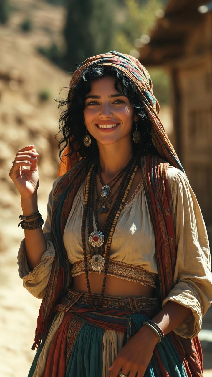 Smiling woman in bohemian attire outdoors