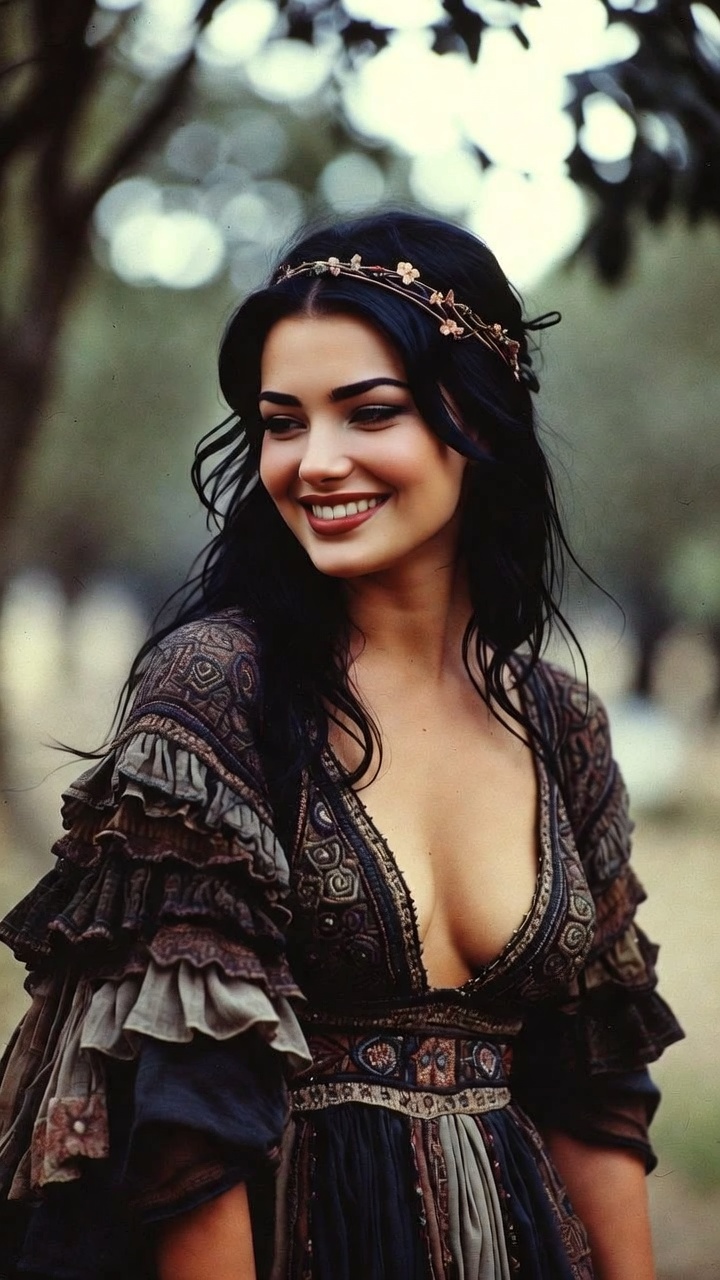 Smiling woman in bohemian dress outdoors