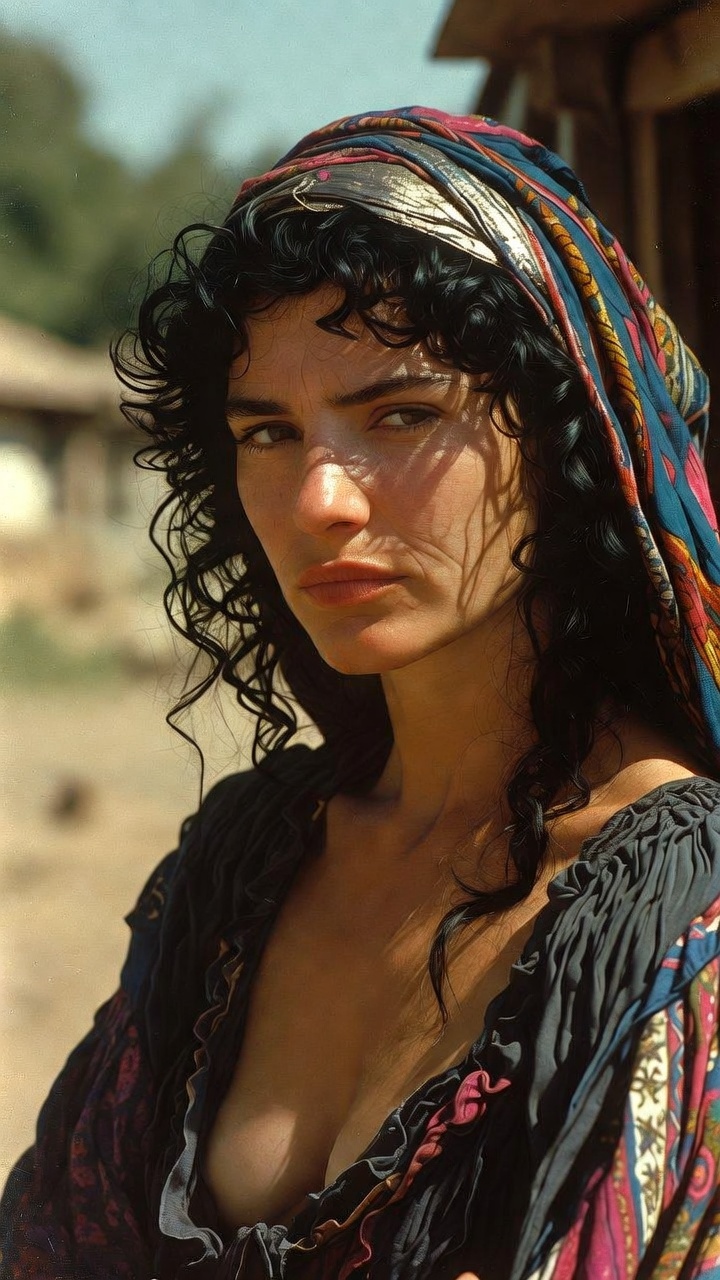 Woman with curly hair and colorful headscarf outdoors
