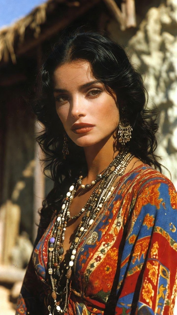 Woman in colorful bohemian dress with layered necklaces