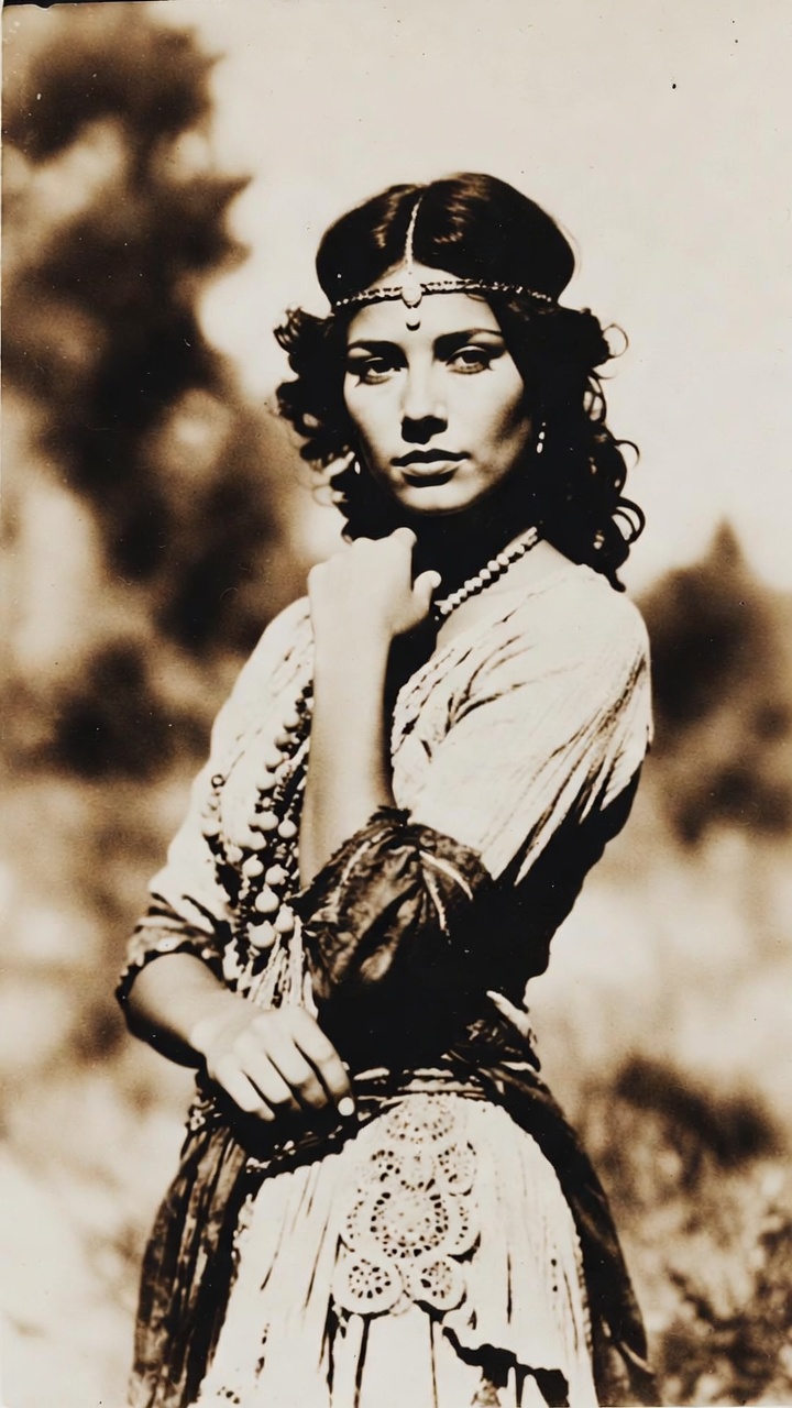 Sepia portrait of woman in bohemian attire