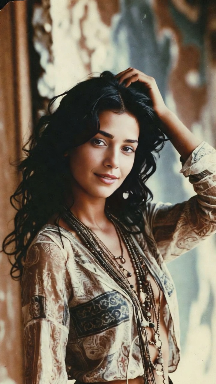 Woman with wavy hair in bohemian outfit posing