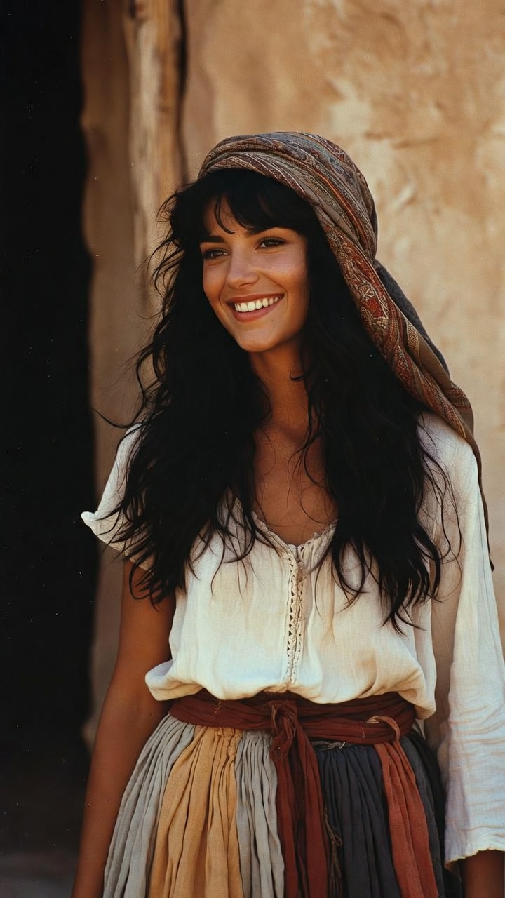 Smiling woman in rustic outfit and headscarf