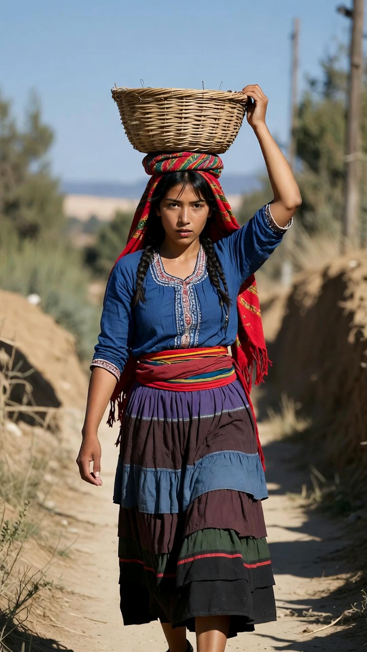 Woman carrying woven basket on rural path