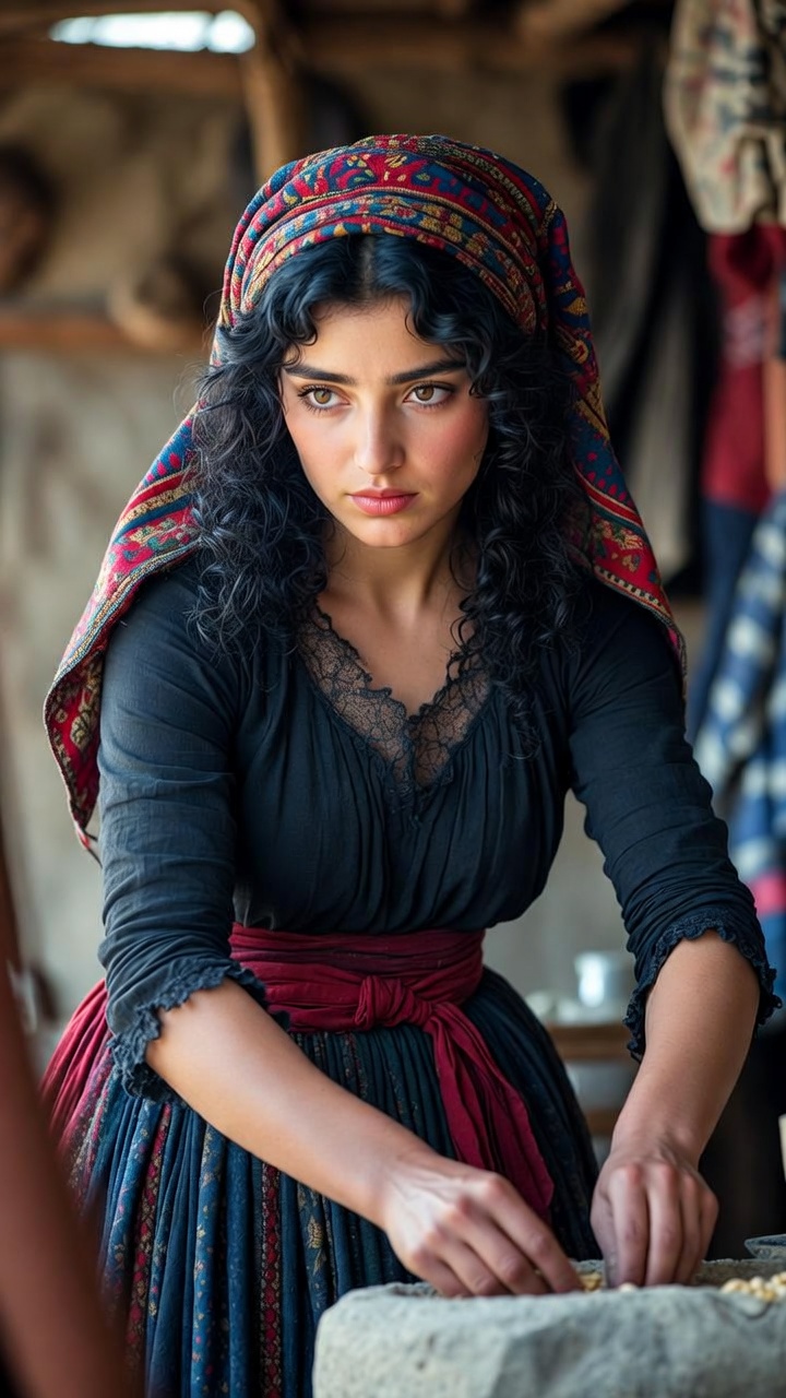 Woman in traditional attire grinding grain indoors