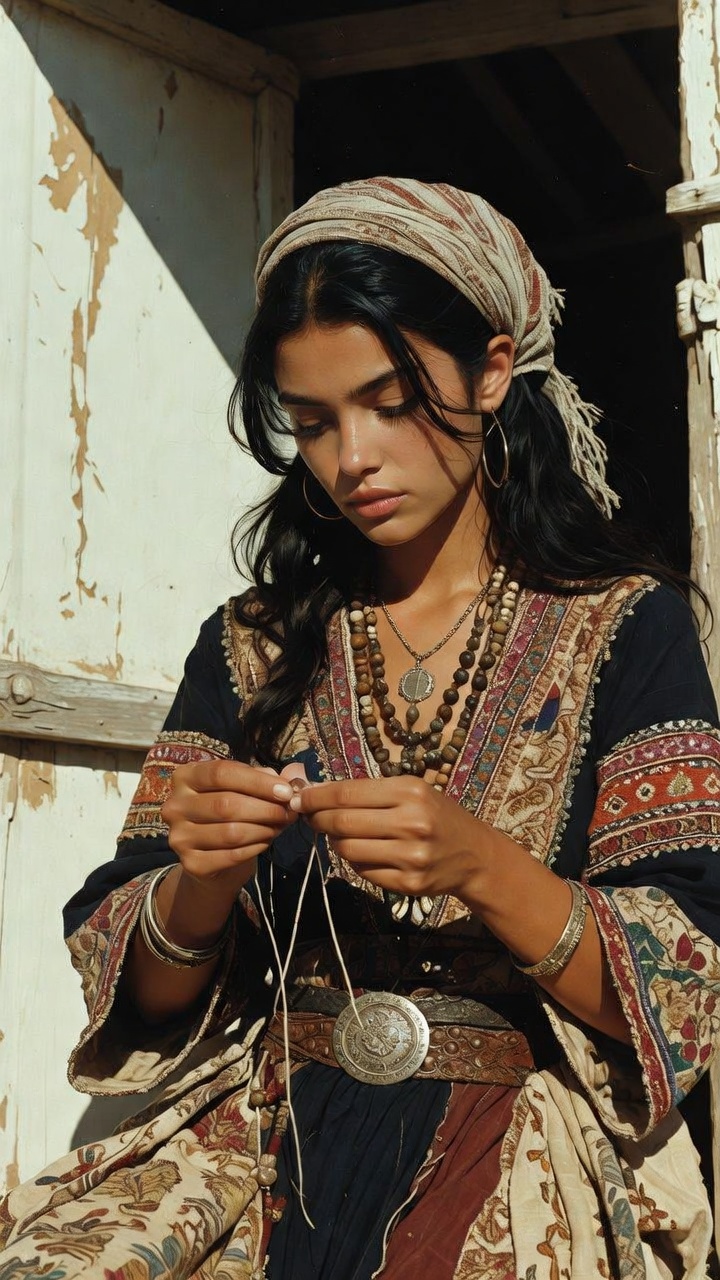 Woman in traditional dress holding pendant necklace