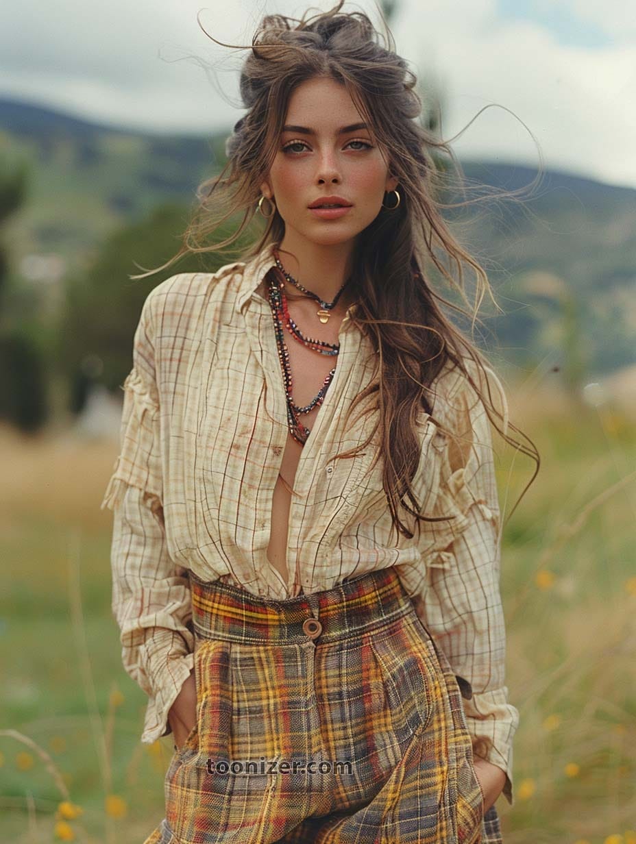Woman in bohemian outfit standing in grassy field