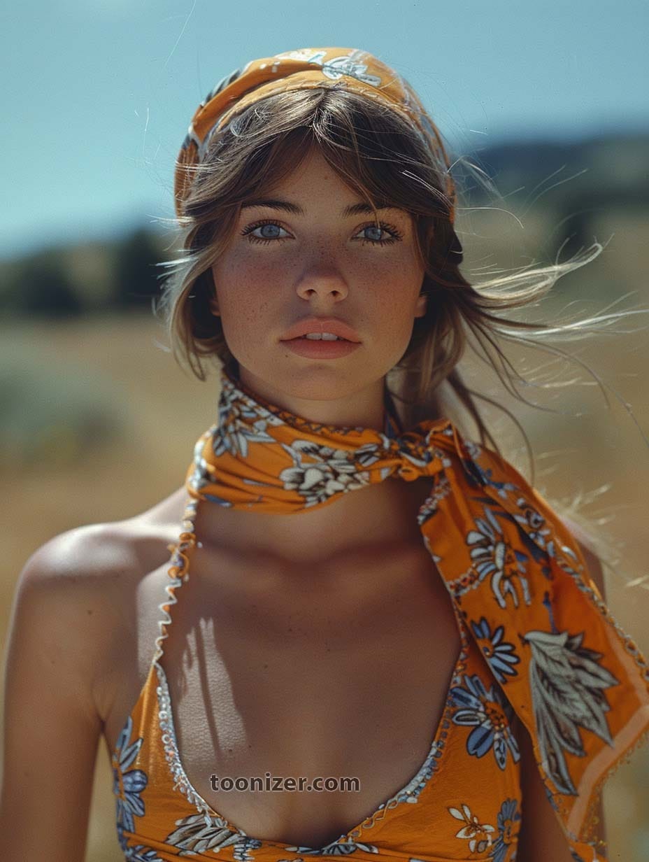 Woman in orange floral scarf, windblown hair
