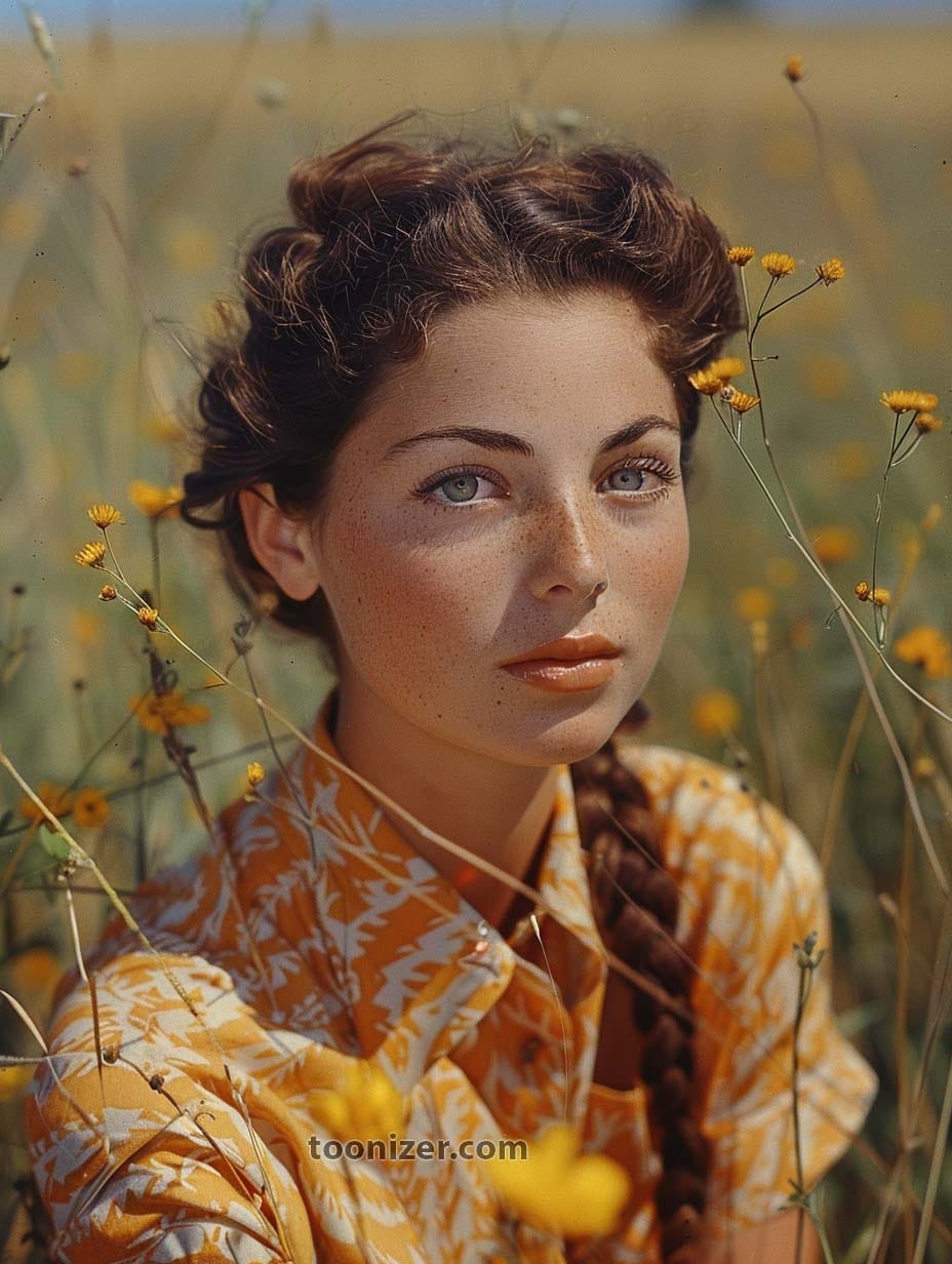 Freckled woman in yellow dress among wildflowers