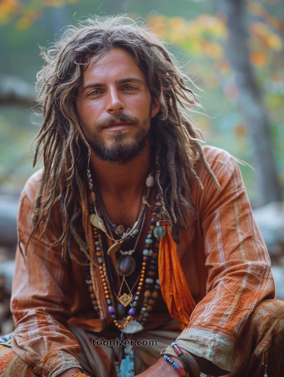 Man with dreadlocks wearing layered necklaces outdoors