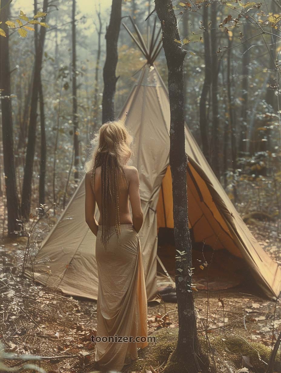 Woman with long braids near forest teepee