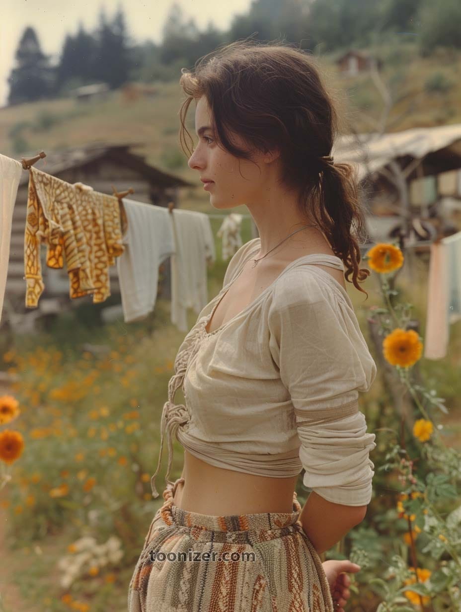 Young woman standing near clothesline in rural garden