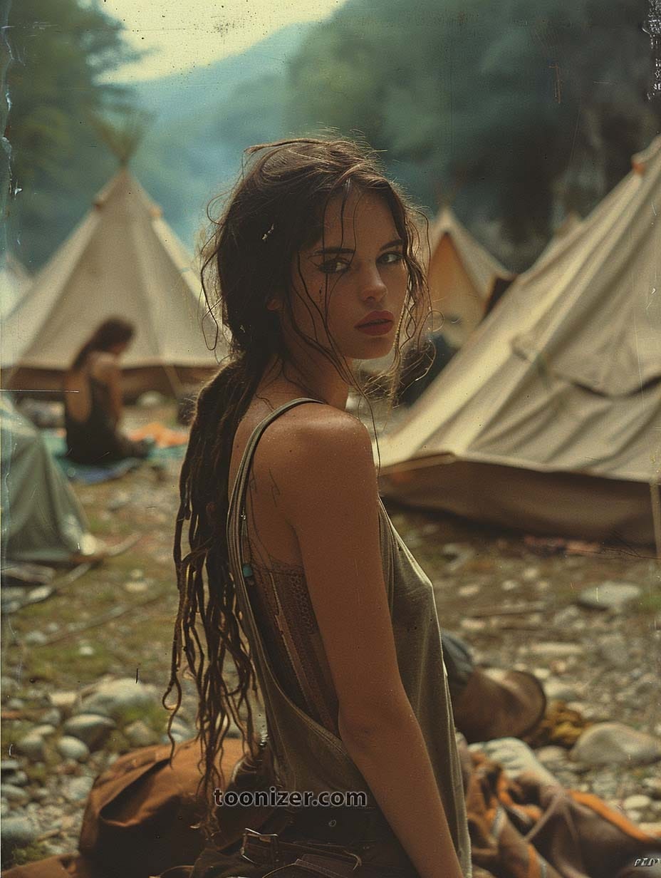 Woman with dreadlocks at mountain campsite with tents