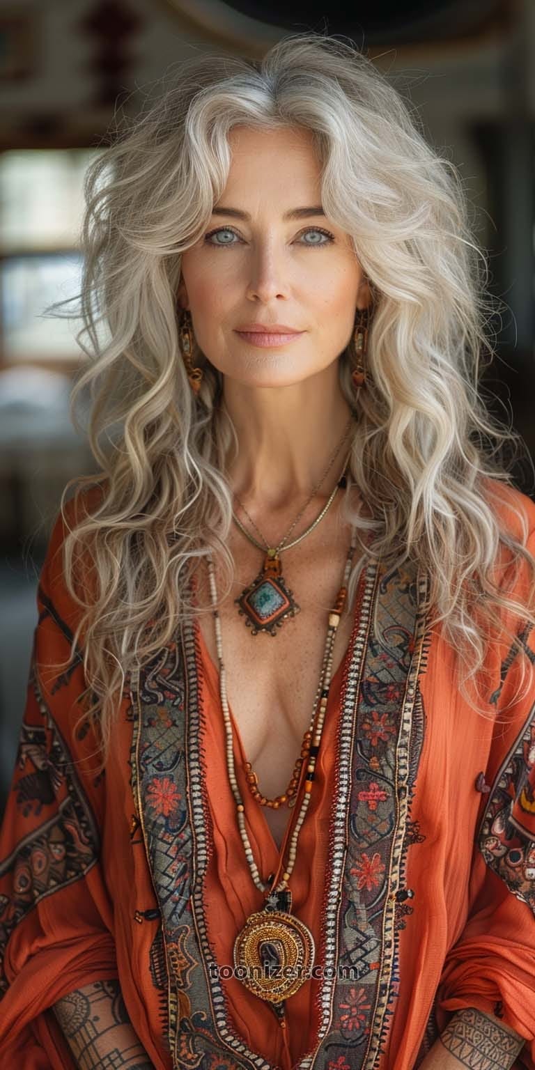 Silver-haired woman in bohemian orange outfit and jewelry
