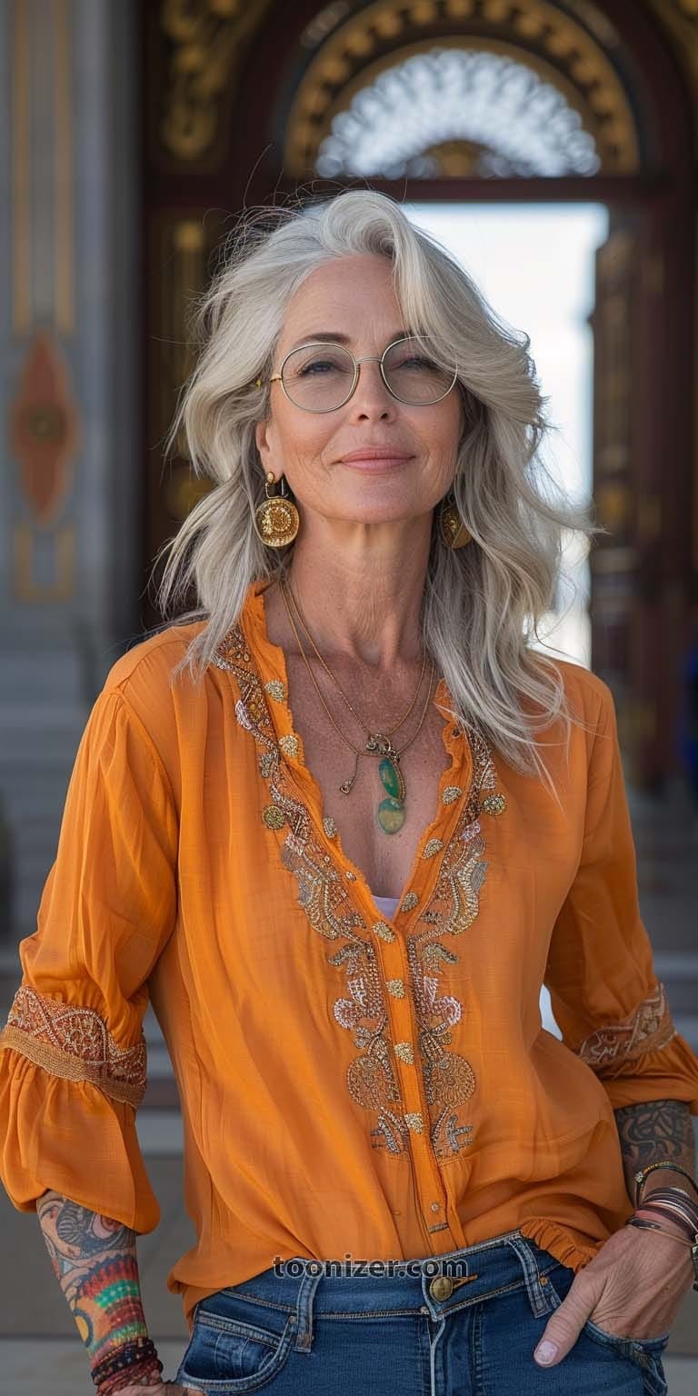 Stylish older woman in orange embroidered blouse