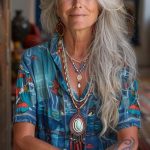 Woman with long gray hair wearing bohemian jewelry