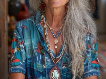 Woman with long gray hair wearing bohemian jewelry
