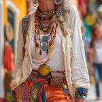 Stylish woman in colorful bohemian outfit on street